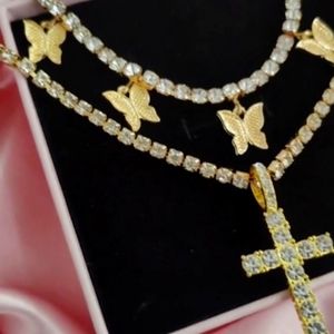 Ice Out Crystal cross Pendant Woman nacklece Layered Butterfly charms Choker